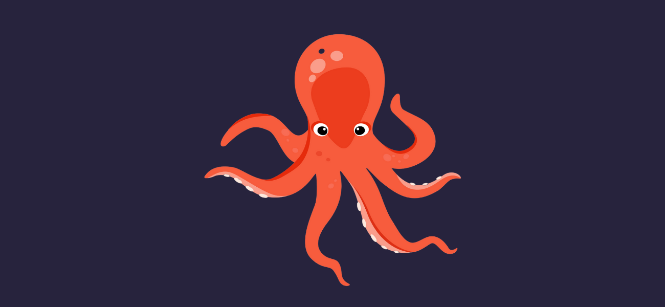 Cartoon illustration of a red octopus with large eyes and eight wavy tentacles on a dark blue background.