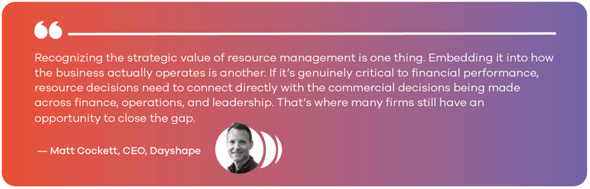 Recognizing the strategic value of resource management is one thing. Embedding it into how the business actually operates is another. If it’s genuinely critical to financial performance, resource decisions need to connect directly with the commercial decisions being made across finance, operations, and leadership. That’s where many firms still have an opportunity to close the gap. — Matt Cockett, CEO, Dayshape