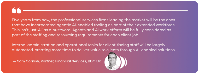 Five years from now, the professional services firms leading the market will be the ones that have incorporated agentic AI-enabled tooling as part of their extended workforce. This isn’t just ‘AI’ as a buzzword. Agents and AI work efforts will be fully considered as part of the staffing and resourcing requirements for each client job. Internal administration and operational tasks for client-facing staff will be largely automated, creating more time to deliver value to clients through AI-enabled solutions. — Sam Cornish, Partner, Financial Services, BDO UK