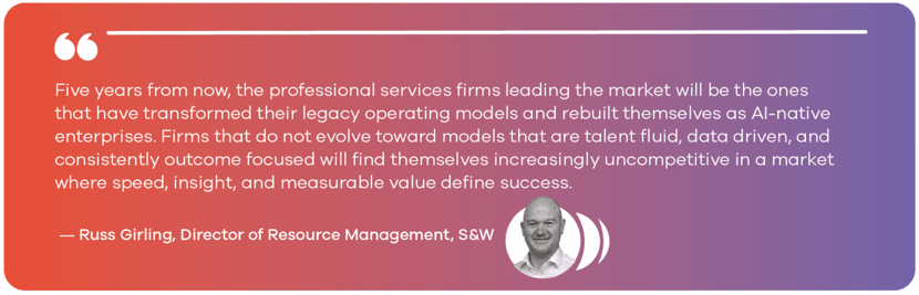 Five years from now, the professional services firms leading the market will be the ones that have transformed their legacy operating models and rebuilt themselves as AI-native enterprises. Firms that do not evolve toward models that are talent fluid, data driven, and consistently outcome focused will find themselves increasingly uncompetitive in a market where speed, insight, and measurable value define success. — Russ Girling, Director of Resource Management, S&W