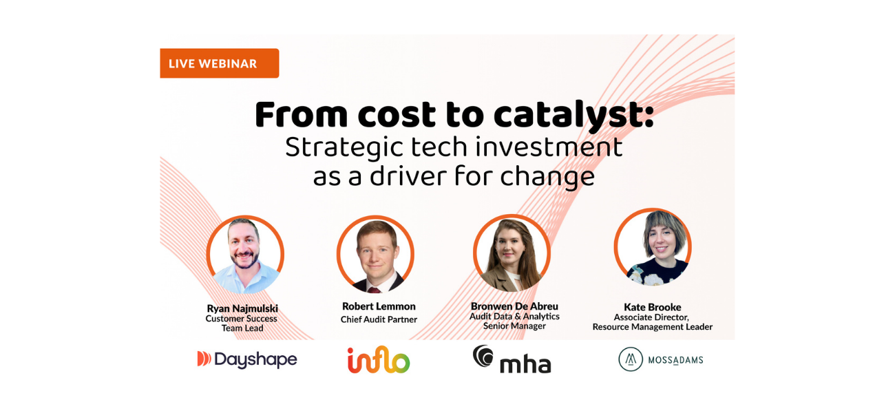 Inflo x Dayshape from cost to catalyst webinar graphic with images of Robert Lemmon, Ryan Najmulski, Bronwen De Abreu, and Kate Brooke